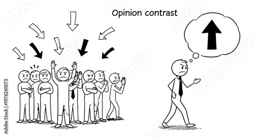 A person with a differing opinion standing out from a crowd.