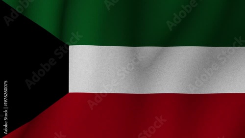 Flag of Kuwait waving in wind with green white red stripes and black trapezoid. National identity patriotism and country symbol concept.