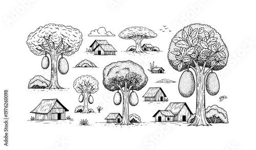 Hand drawn jackfruit forest village scene with organic trees and rural life black and white vector illustration