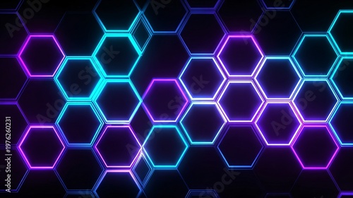 Intricate glowing hexagon grid with a blend of cyan and magenta neon illumination, a captivating digital background for modern technological themes.