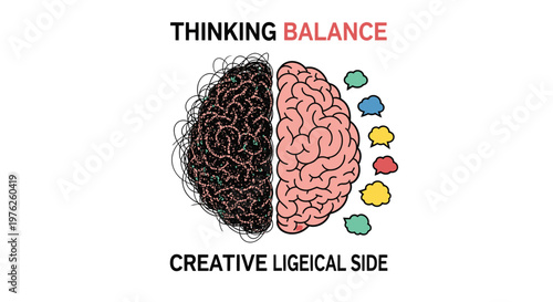 Brain illustration of creative and logical thinking balance.