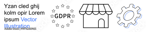 Data protection, GDPR principles, e-commerce security, data compliance, privacy settings, business operations. Includes a storefront, gear and GDPR icon. GDPR principles and e-commerce security