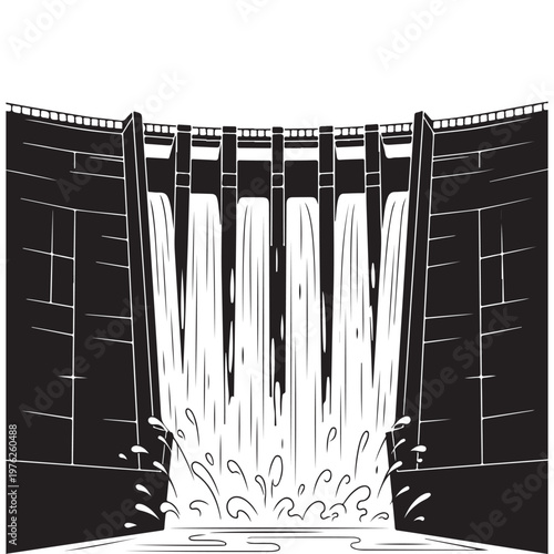 Dramatic Black and White Illustration of Water Flowing Over a Dam