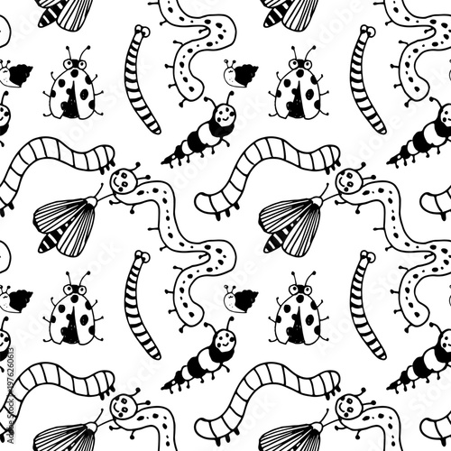 Geometric-style seamless pattern combining snails and insects in structured layout. Unique repeat for modern textile and print applications.