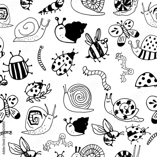 Seamless pattern with snails, insects and small nature elements in monochrome line style. Playful repeating background for fabric, wallpaper, kids design and packaging.