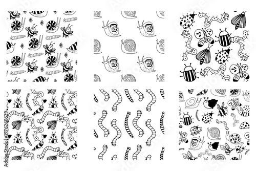 Collection of multiple seamless patterns with snails, insects and worms in hand-drawn line style. Versatile set for surface design, packaging and textile use.