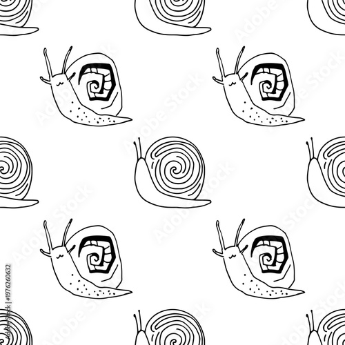 Minimal seamless pattern featuring stylized snails with spiral shells. Clean monochrome repeat suitable for modern surface design and packaging.