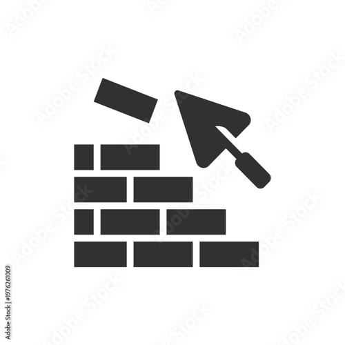 Brick wall with trowel icon. Masonry and construction work concept. Monochrome black and white symbol