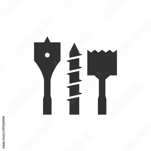 Drill bits set icon. Cutting tools and drilling equipment. Monochrome black and white symbol