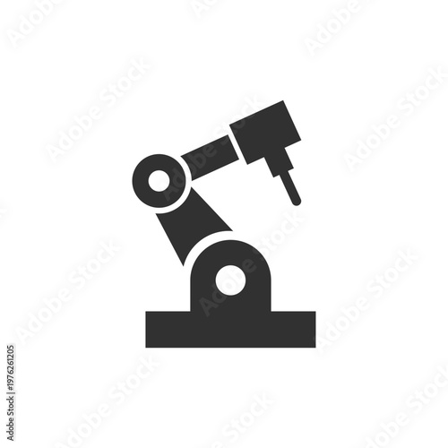 Robotic arm with tool head icon. Industrial automation and machining process. Monochrome black and white symbol