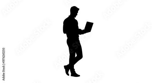 Silhouette of a Man Holding Laptop in His Hand, Business Person Working on Computer