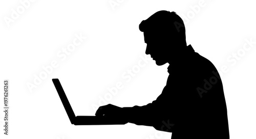 Silhouette of a Man Typing on a Laptop, Business Person Working Professionally, Technology Usage, Focused Individual