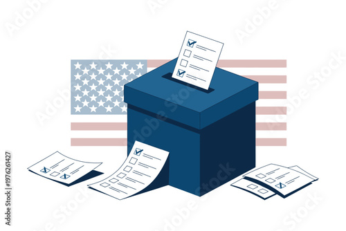 An illustration of a blue ballot box with American flag