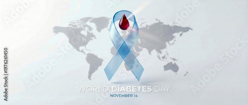 A blue ribbon with a red drop of blood on a gray world map background for World Diabetes Day on November 14