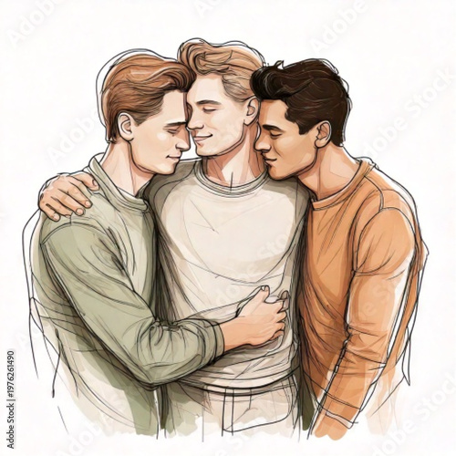 Three young men embracing closely in a tender moment.