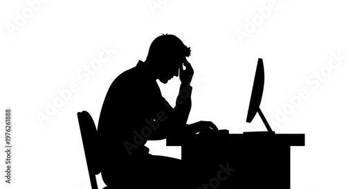 Stressed Man Working On Computer With Head In Hands, Depressed And Tired Business Professional