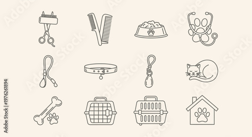 Pet care and accessories line icons.