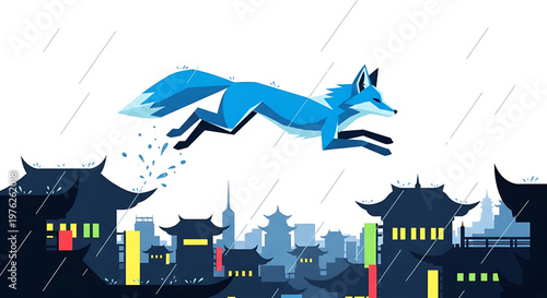 A blue fox leaping over a cityscape on a rainy day in a vibrant vector illustration