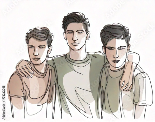 Three young men friends standing together with arms around each other.