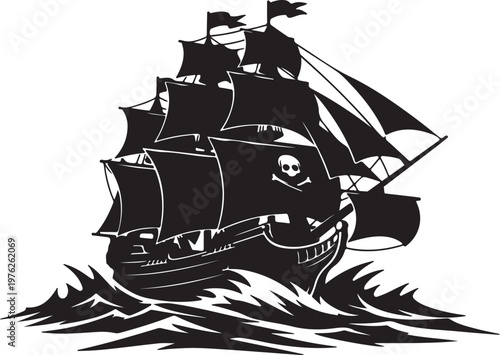 Silhouette of a pirate ship sailing on rough seas, with Jolly Roger flag and billowing sails, evoking adventure.
