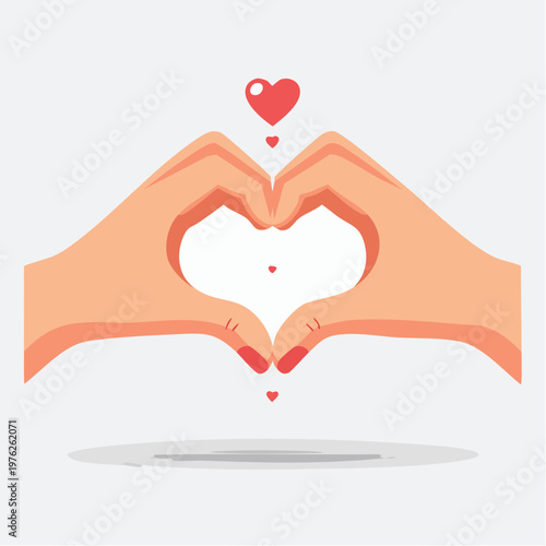 Hands forming heart shape with floating hearts on a white background