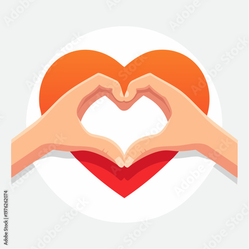Hands forming a heart shape in front of an orange heart outline