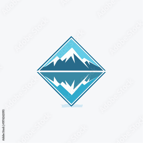 A stylized mountain range inside a geometric blue triangle