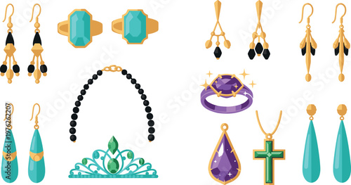 Elegant Cartoon Jewelry Set Featuring Earrings, Rings, Necklaces, Tiara, and Cross Pendant with Colorful Gemstones and Gold Design