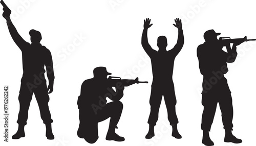 Silhouettes of four soldiers in tactical gear, one aiming a rifle, one kneeling with a weapon, one with hands raised in surrender.
