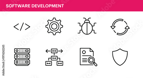 software development icon set, vector illustration of eight steps, including planning, design, coding, testing, debugging, deployment, maintenance, and documentation, isolated on white background.