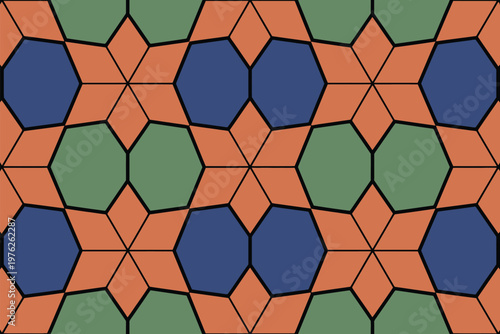 A colorful geometric pattern of hexagons and triangles in blue, green, and orange hues