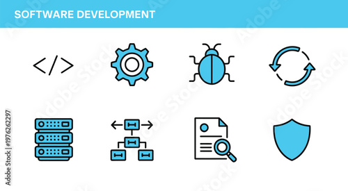 software development icon set, vector illustration of eight steps, including planning, design, coding, testing, debugging, deployment, maintenance, and documentation, isolated on white background.