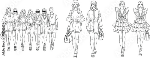 Fashion Models Line Art Collection with Stylish Women and Men Walking Runway, Trendy Clothing Outfit Sketches for Apparel and Design Illustration