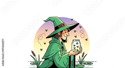 A smiling wizard in a green robe and hat holds a jar of fireflies in a serene outdoor setting