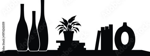 Minimalist Shelf Decor Silhouette with Vases and Potted Plant