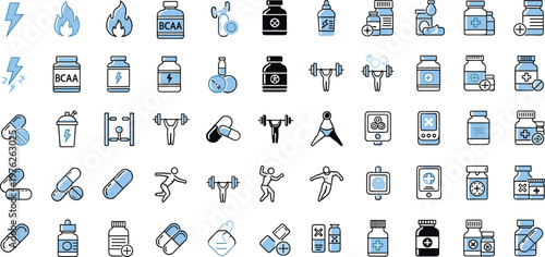 Fitness and Supplements Icon Set Featuring BCAA, Protein, Dumbbells, Pills, and Health Monitoring Tools for Workout and Wellness