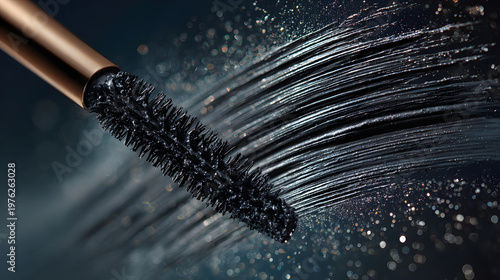 Close up of mascara brush with dramatic brush stroke effect, showcasing texture and detail of bristles against sparkling background