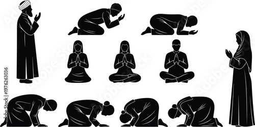 People praying silhouettes set showing different prayer positions and spiritual devotion isolated on white background, religion, faith and worship concept illustration