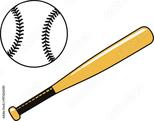 Baseball and wooden bat vector illustration, flat sports equipment icons isolated on white background