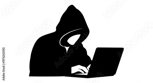Anonymous Hacker In Hood Typing On Laptop, Cybercrime Concept, Security Breach