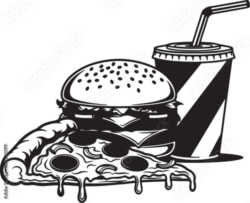 Fast food vector illustration with burger, pizza slice and soda cup, black and white hand drawn style junk food isolated on white