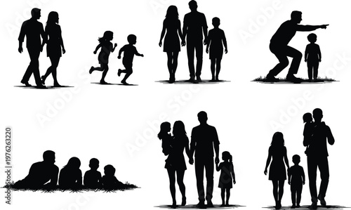 Family silhouettes collection showing parents and children walking, playing and bonding isolated on white background, happy family life and parenting concept illustration