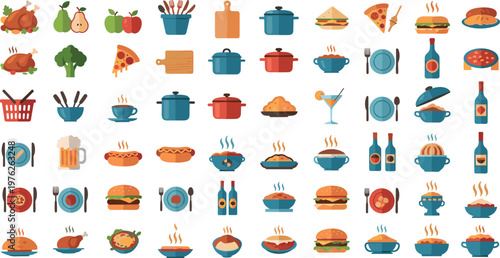 Food and Drink Icons Set with Meals, Fast Food, Beverages, Cooking Pots, and Restaurant Dishes for Menu, Culinary, and Dining Concepts