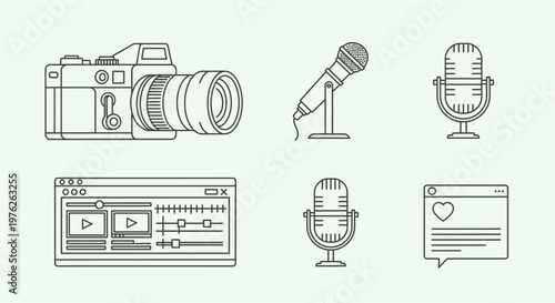Line icons of recording equipment and media editing tools.