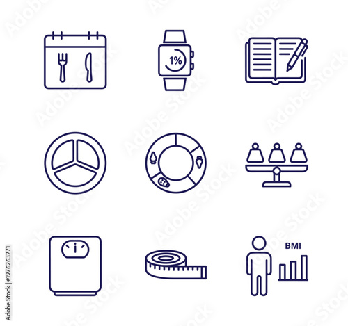 Diet and Nutrition Icons Set – Outline Vector Pack with Meal Plan, Smartwatch, Scale, Tape Measure, BMI Chart and More