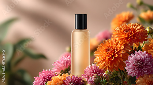 Bottle of beauty product is elegantly placed among vibrant orange and pink flowers, creating serene and luxurious spa like atmosphere. soft background enhances floral arrangement
