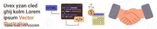 Business collaboration, coding projects, software development, financial planning, programming concepts, and teamwork. A handshake, coding symbols and calculator. Business collaboration and coding
