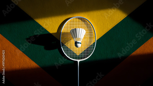 Badminton racket and shuttlecock are creatively displayed against vibrant geometric background with dramatic lighting, creating dynamic and energetic composition