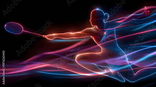 Dynamic silhouette of badminton player jumping with neon light trails, capturing motion and energy. vibrant colors and fluid lines create sense of excitement and movement