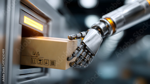 Robotic hand places parcel into smart delivery locker, showcasing advanced automation in logistics. metallic hand and glowing locker emphasize futuristic technology
